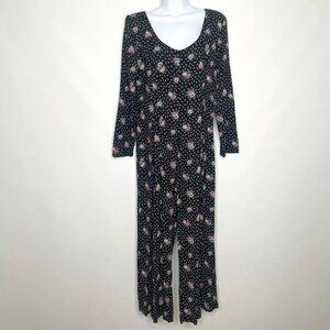 Vintage 80s EXPO Black Pink White Ditsy Floral Crop Wide Leg Jumpsuit